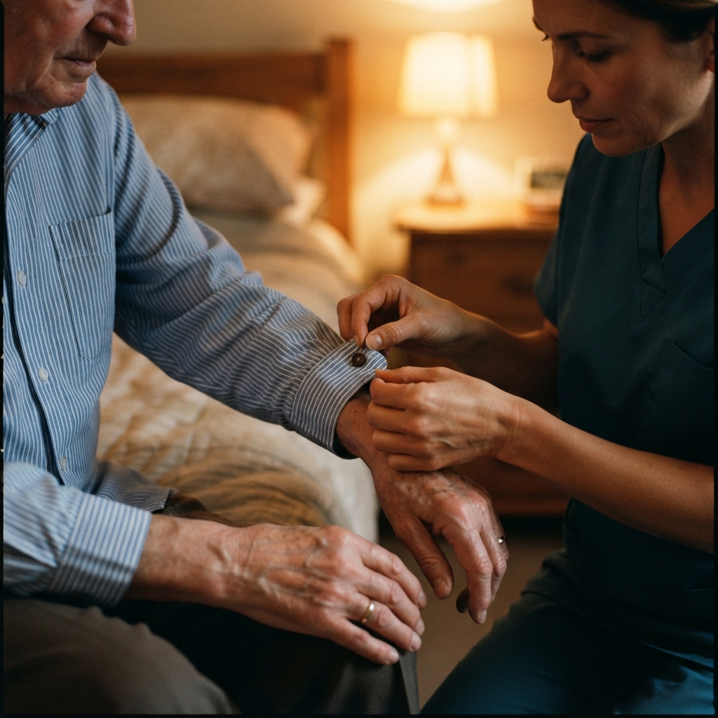 Caregiver helping button a shirt cuff for an elderly client, providing safe assistance with daily dressing