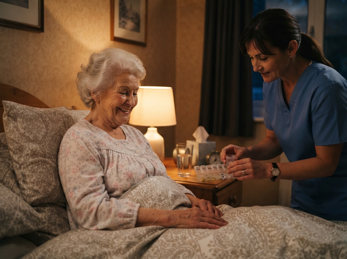 Caregiver checking a weekly pill organizer to make sure an elderly client takes medications correctly