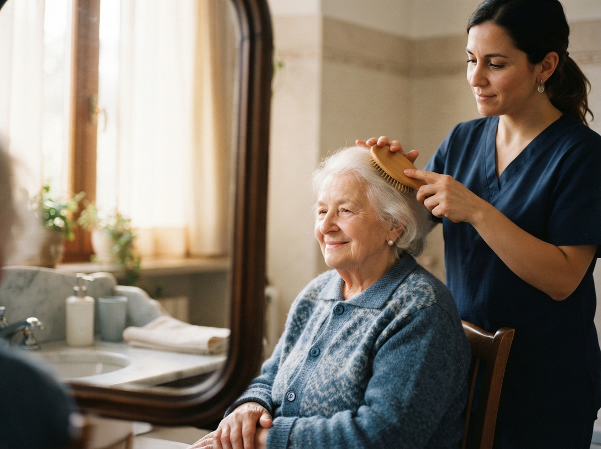 Caregiver gently combing an elderly woman's hair as part of companion care support