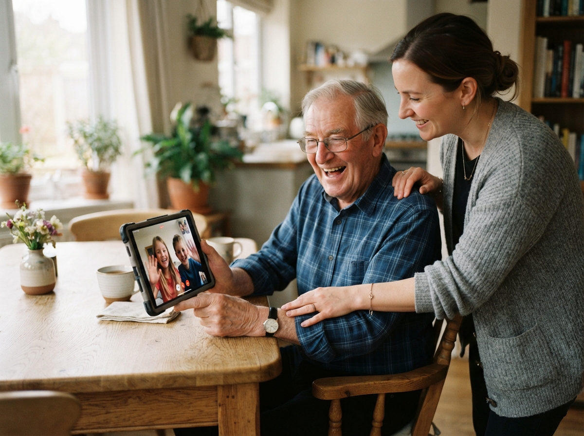 How In-Home Care Helps Seniors Stay Independent at Home Caregiver helping an elderly client set up a video call to stay connected with family members