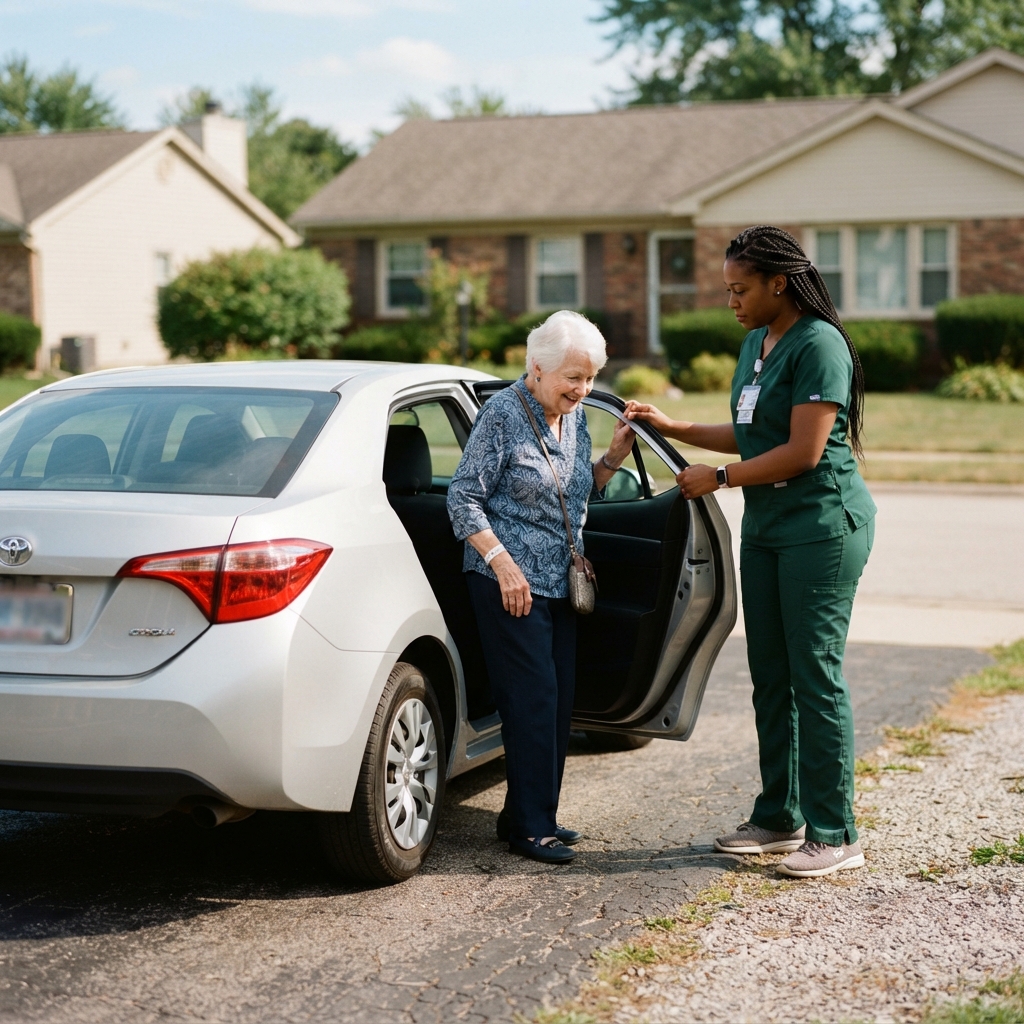 Caregiver helping an elderly woman safely into a car for a doctor's appointment