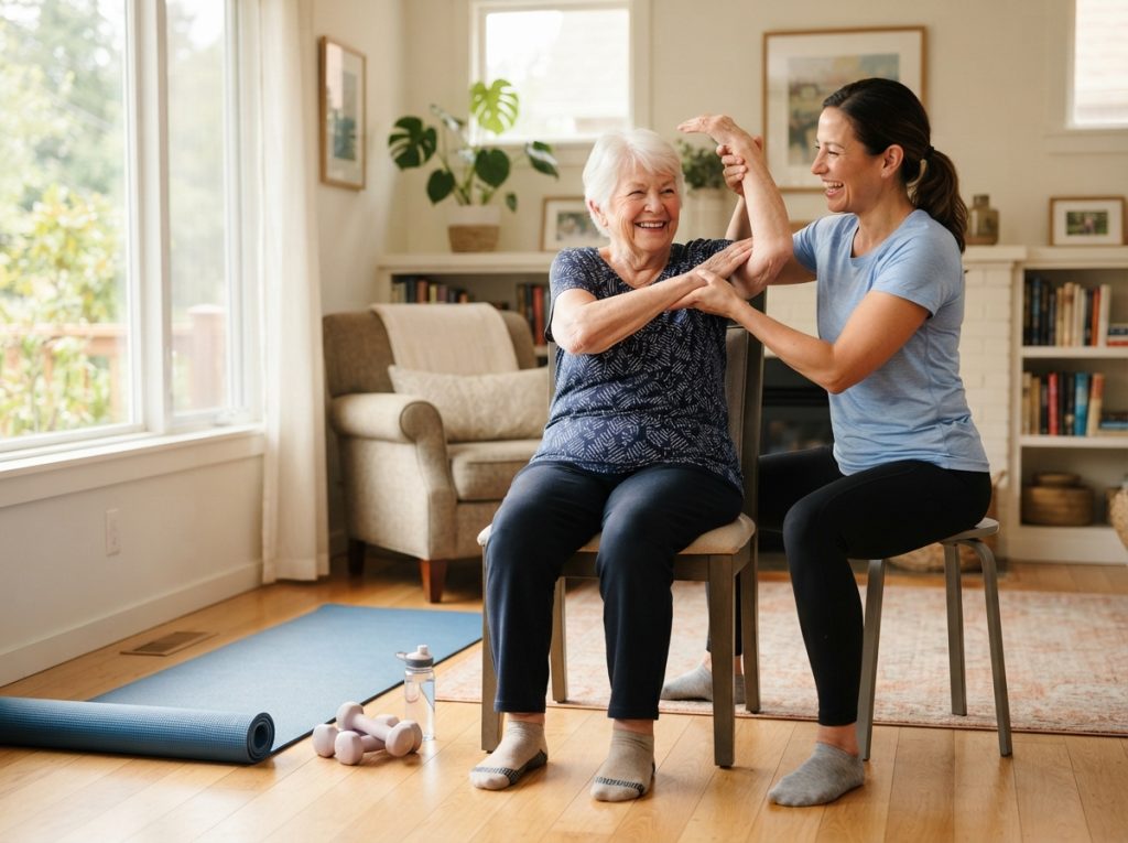 How In-Home Care Helps Seniors Stay Independent at Home caregiver helping woman stretch