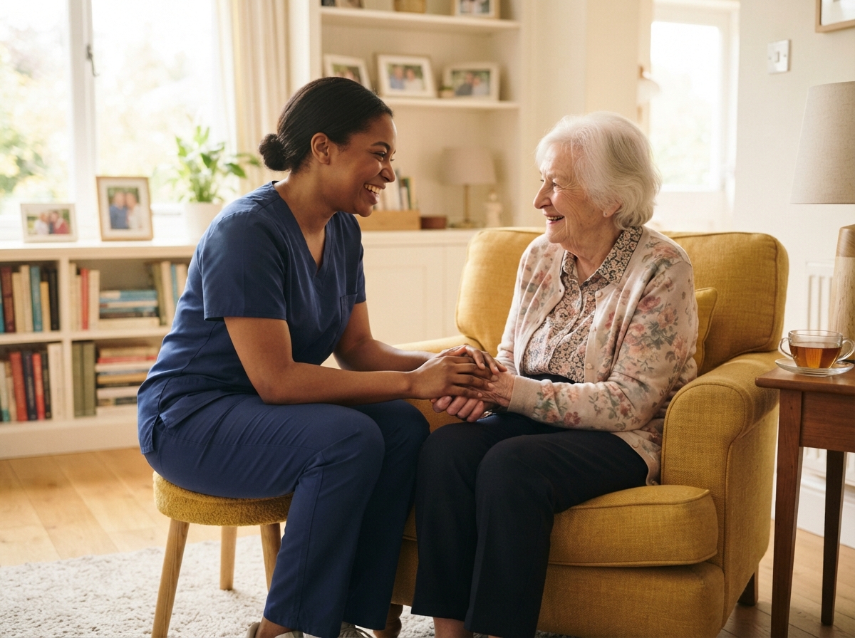 Caregiver holding the hand of an elderly woman, offering comfort and reassurance during respite care