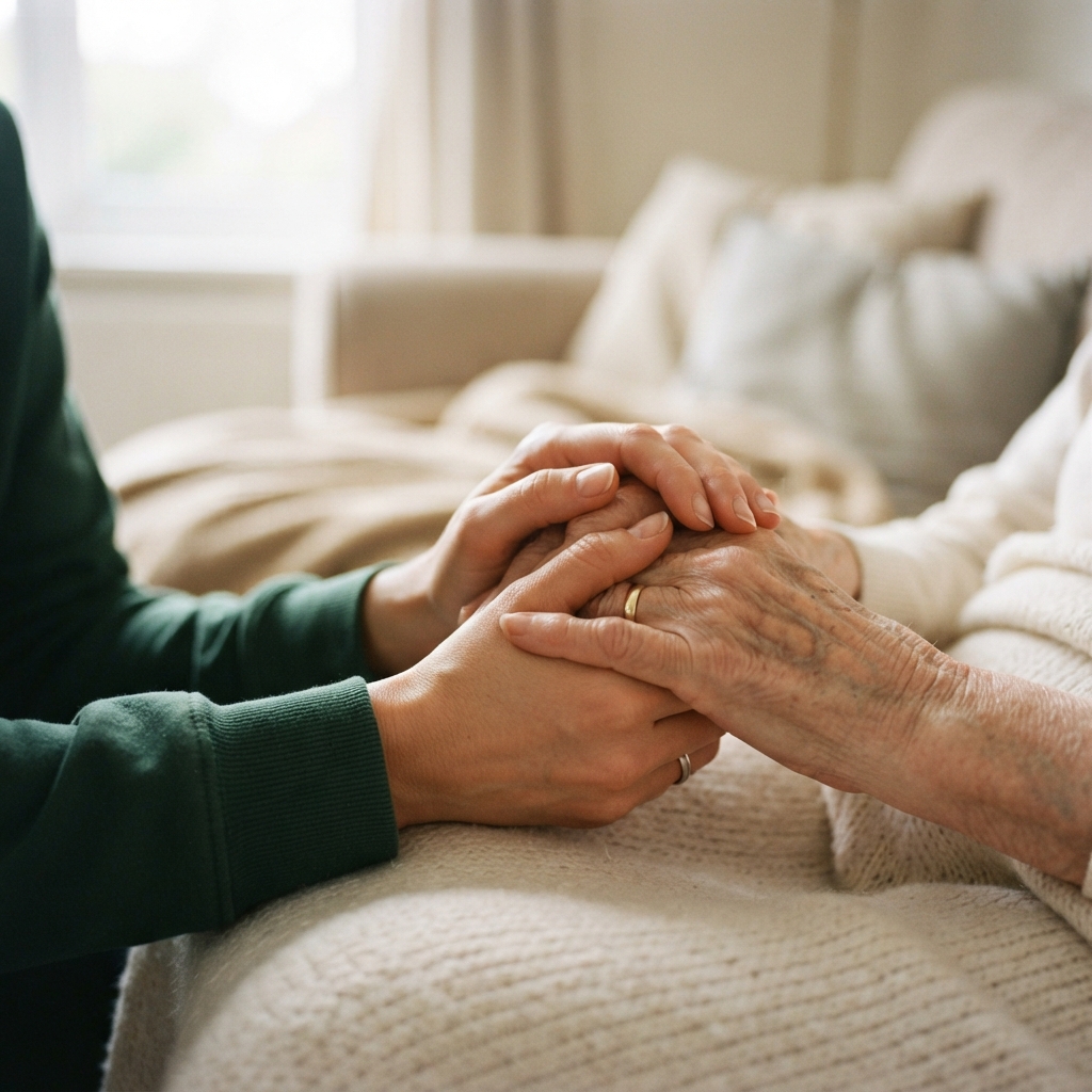 Caregiver gently holding the hands of an elderly client, showing compassionate, trustworthy home care