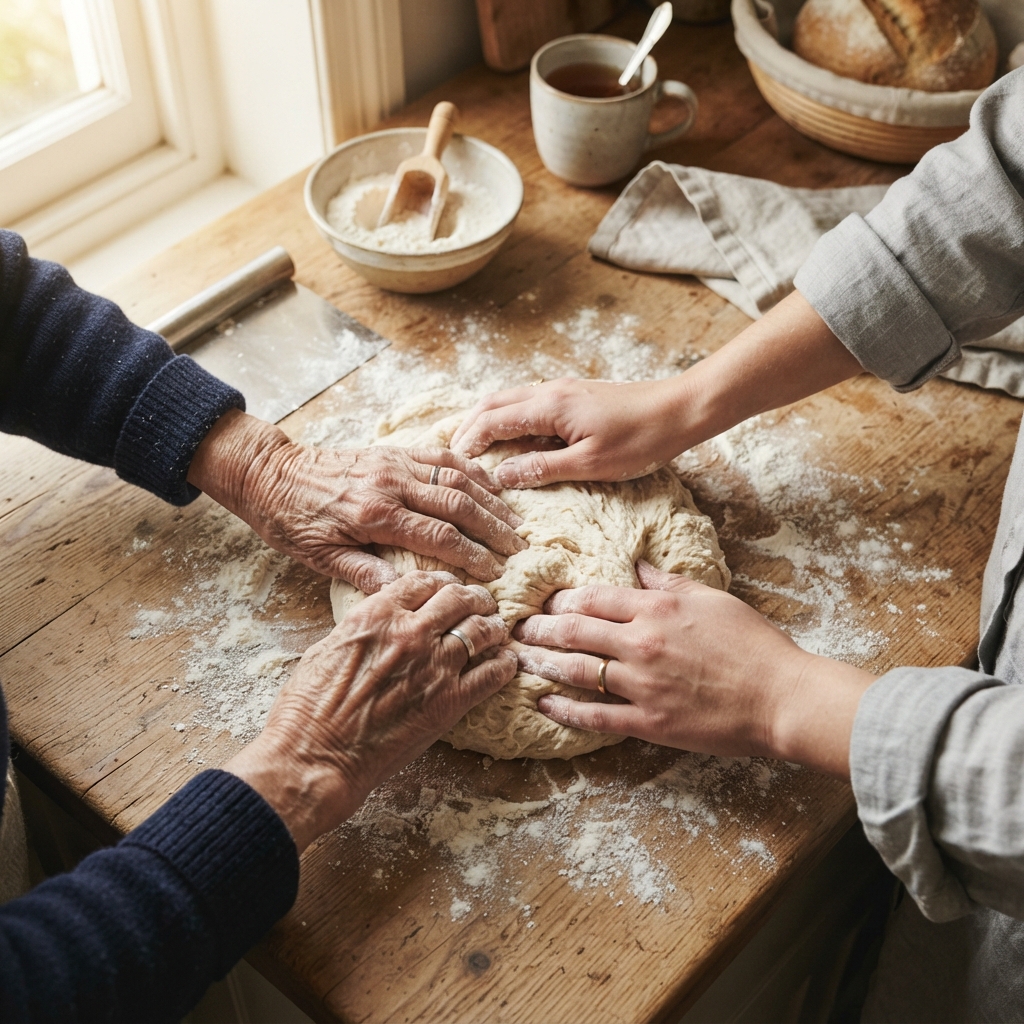 Caregiver kneading bread dough with an elderly client as part of meal preparation support