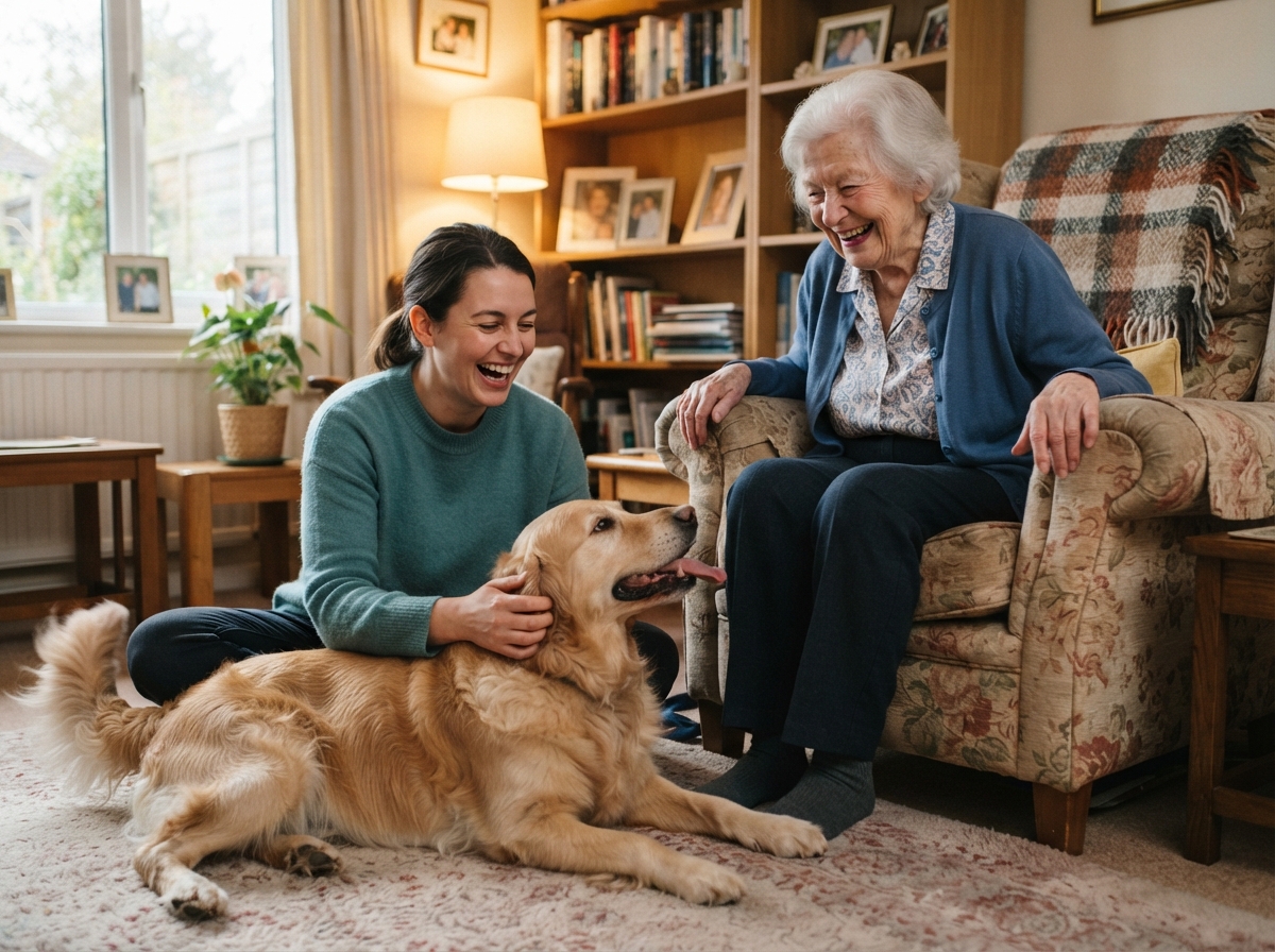 How In-Home Care Helps Seniors Stay Independent at Home Caregiver petting a dog alongside an elderly client, highlighting companionship as part of in-home care