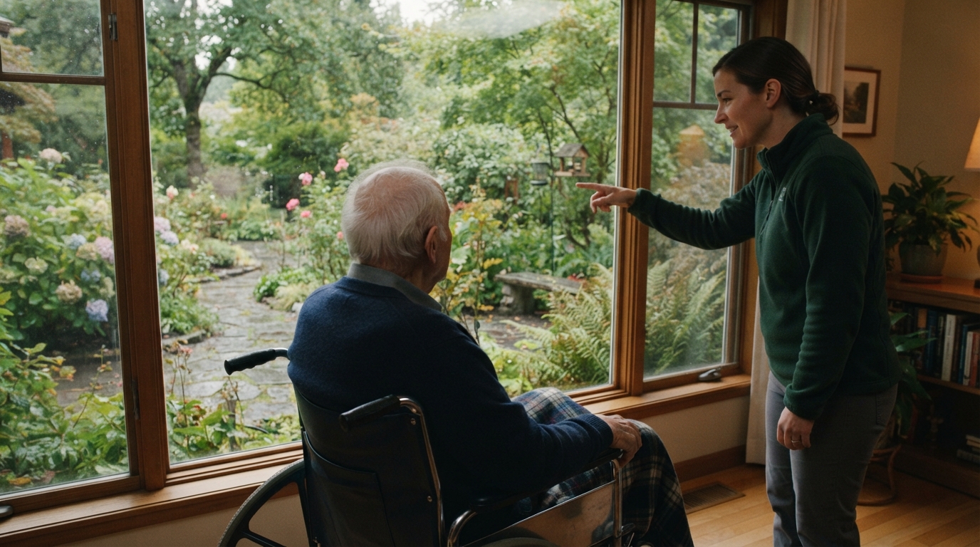 Caregiver pointing outside a window while talking with an aging parent about daily care needs