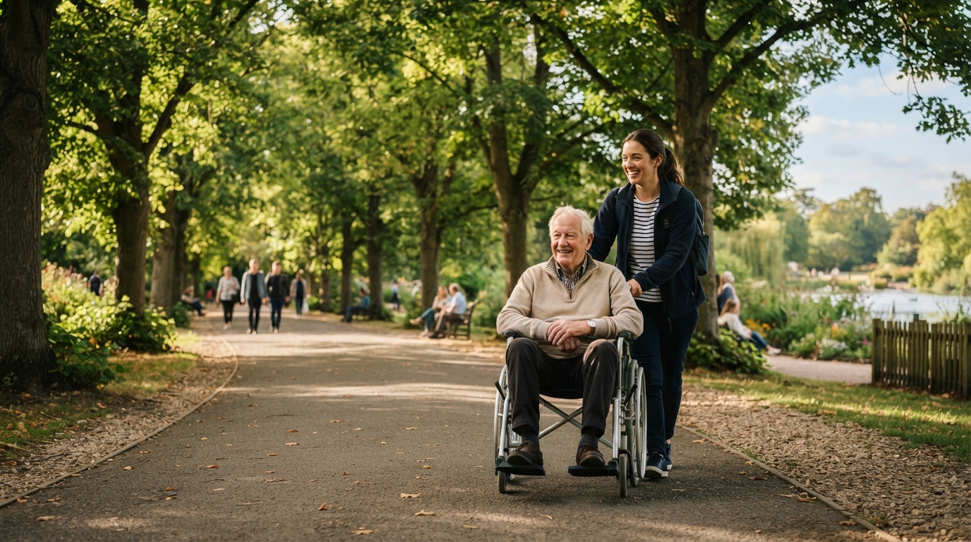 Caregiver pushing an elderly client in a wheelchair through a park for safe, supervised outdoor time