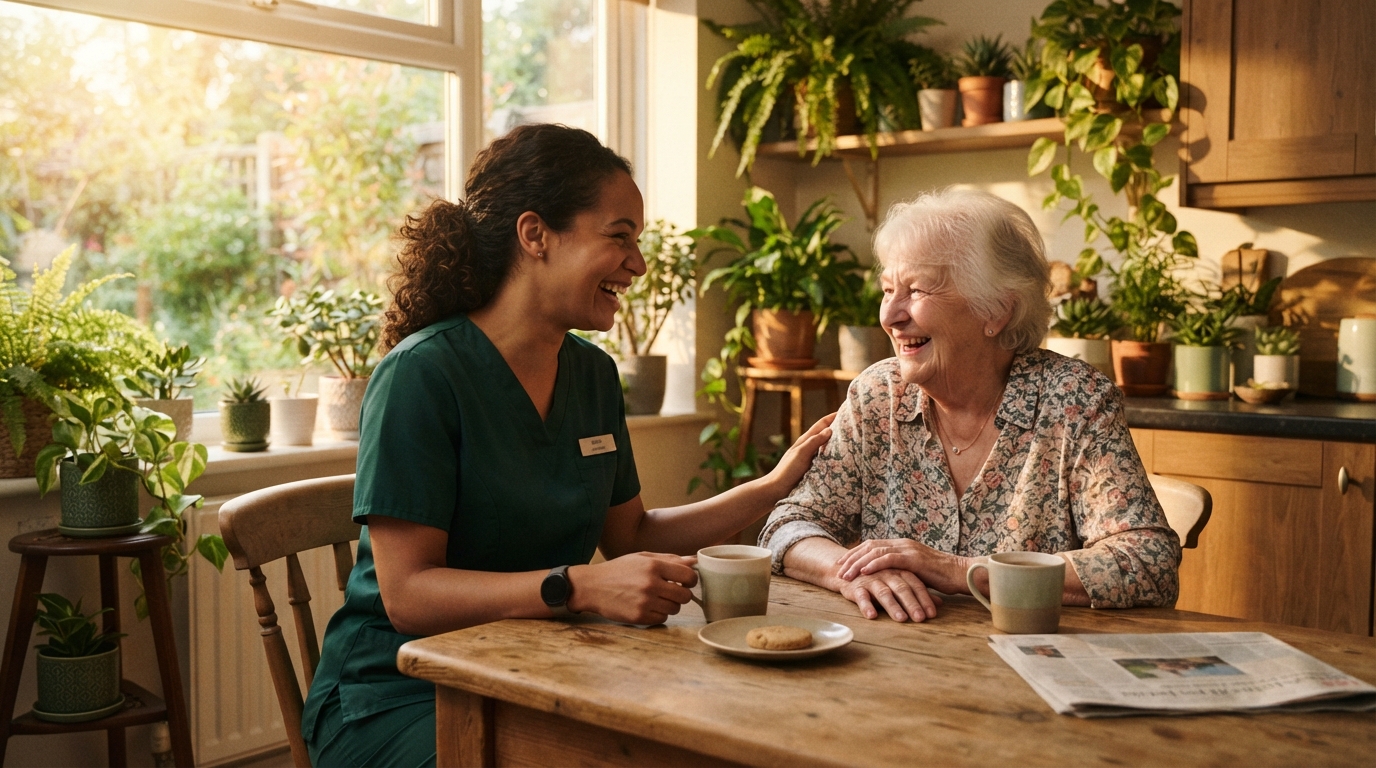 Caregiver sitting and talking with an elderly woman during a companion care visit