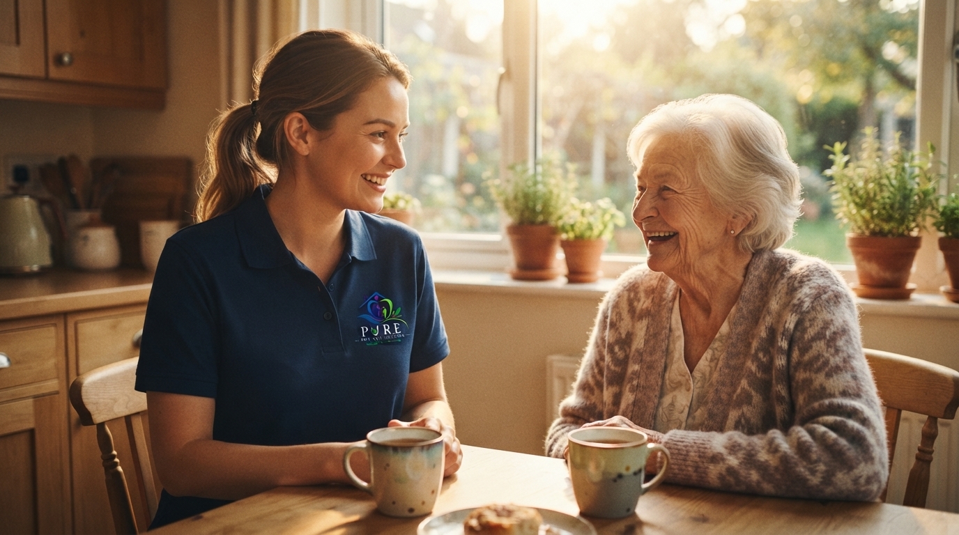 Professional caregiver sitting with an elderly woman, providing respite care support so family caregivers can rest