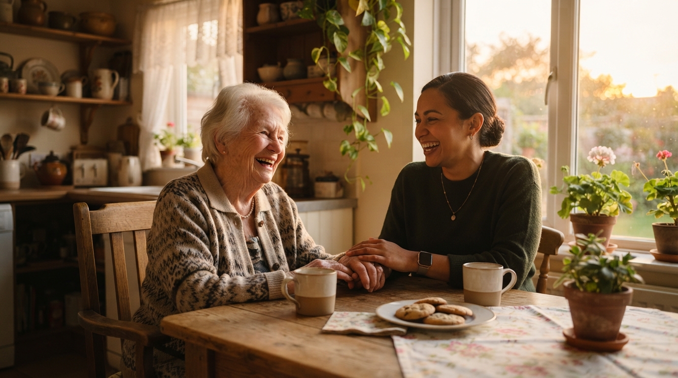 Caregiver sitting and chatting warmly with an elderly woman during a respite care visit at home