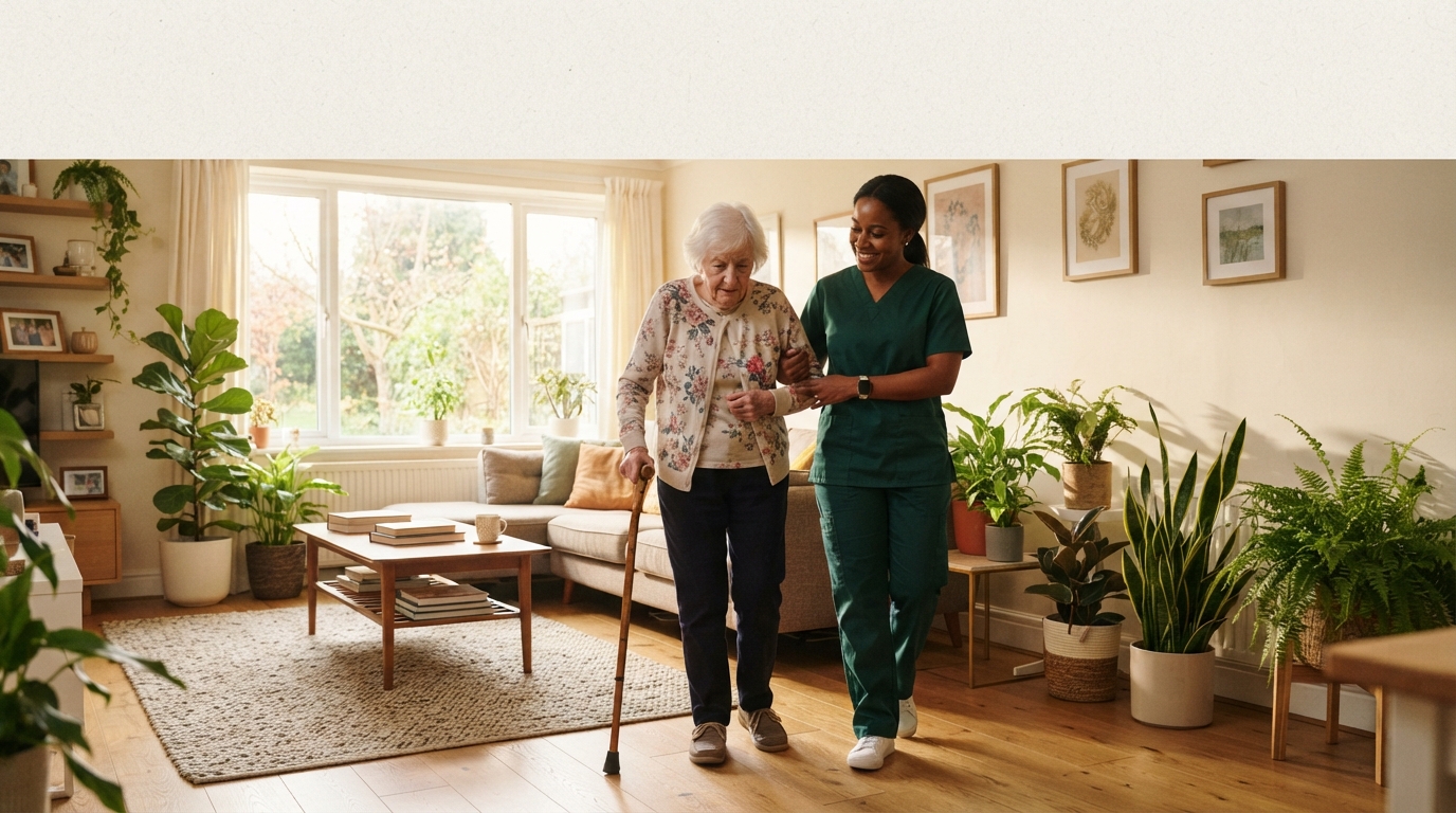 Caregiver supporting an elderly woman while walking indoors during a respite care visit