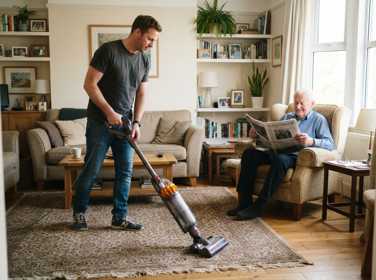 Caregiver vacuuming a tidy living room as part of household support services