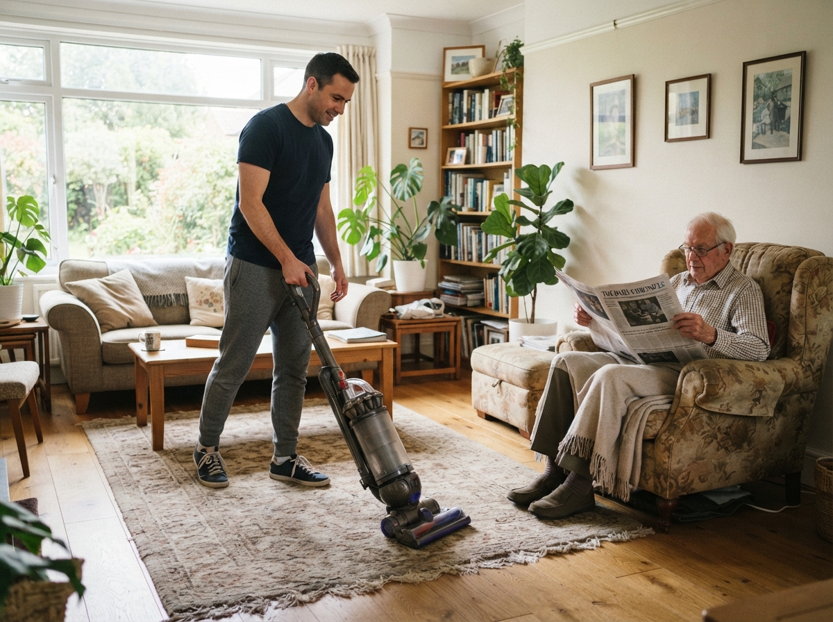 Caregiver vacuuming a tidy living room, helping keep a senior's home clean, organized, and safe
