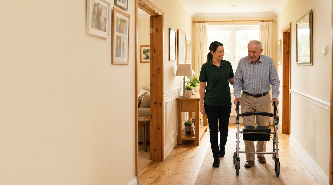 How In-Home Care Helps Seniors Stay Independent at Home Caregiver walking outdoors with an elderly man to encourage safe daily movement and independence