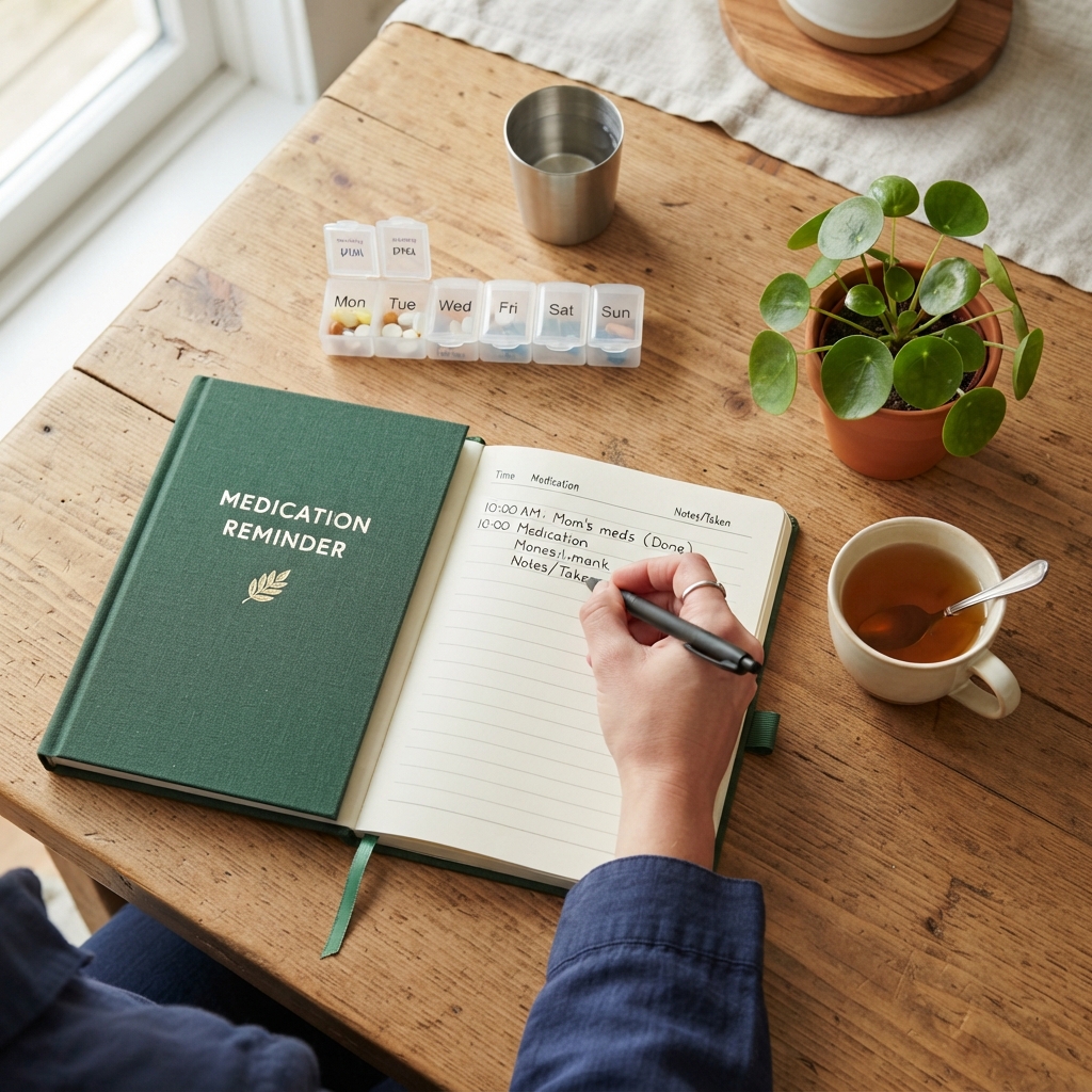 Caregiver writing a medication reminder note to help an elderly client stay on schedule with prescriptions
