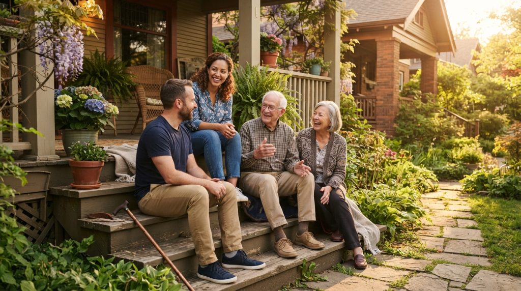 caregivers talking with elderly client