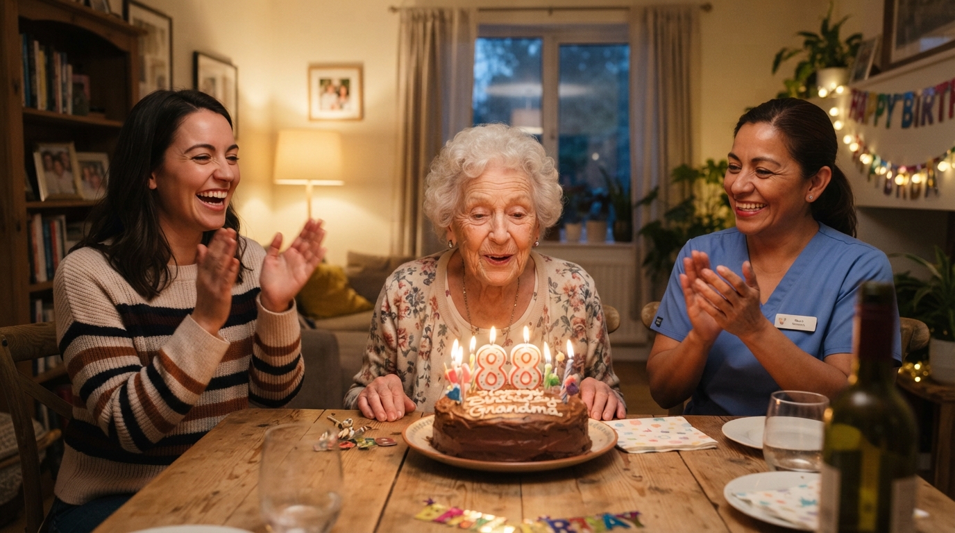 Elderly woman celebrating her birthday with candles alongside her companion caregiver