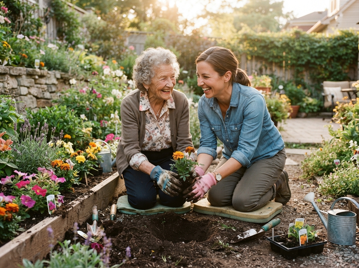 Elderly woman gardening outdoors with her caregiver as part of an engaging companion care visit