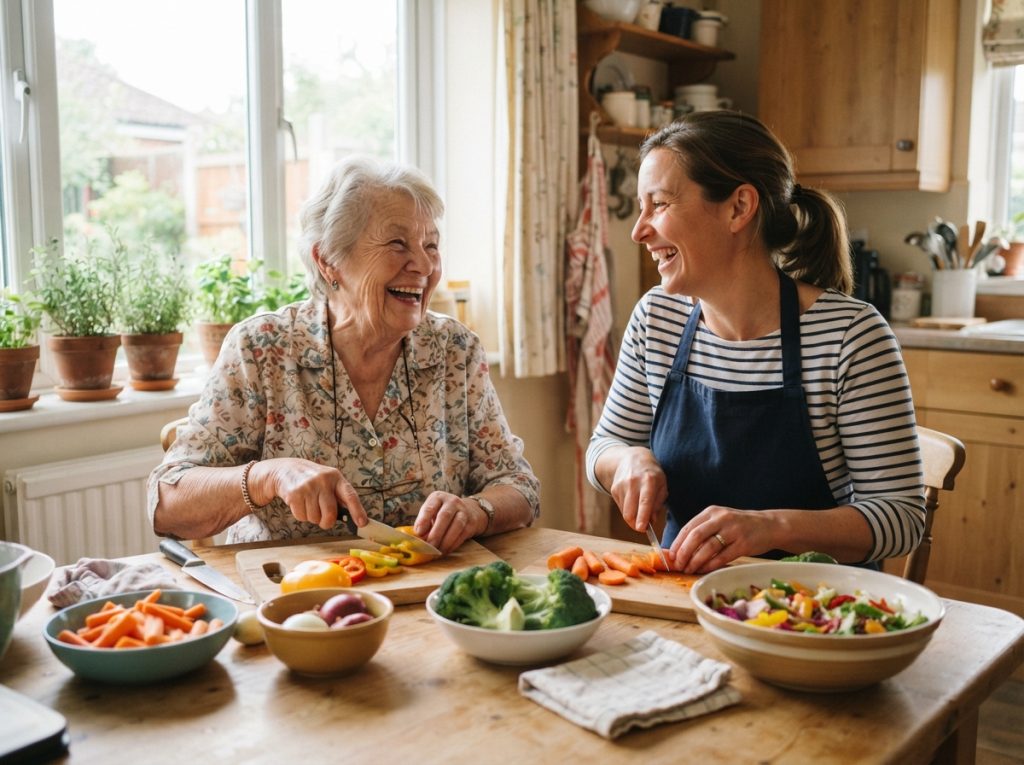 elderly woman caregiver laughing